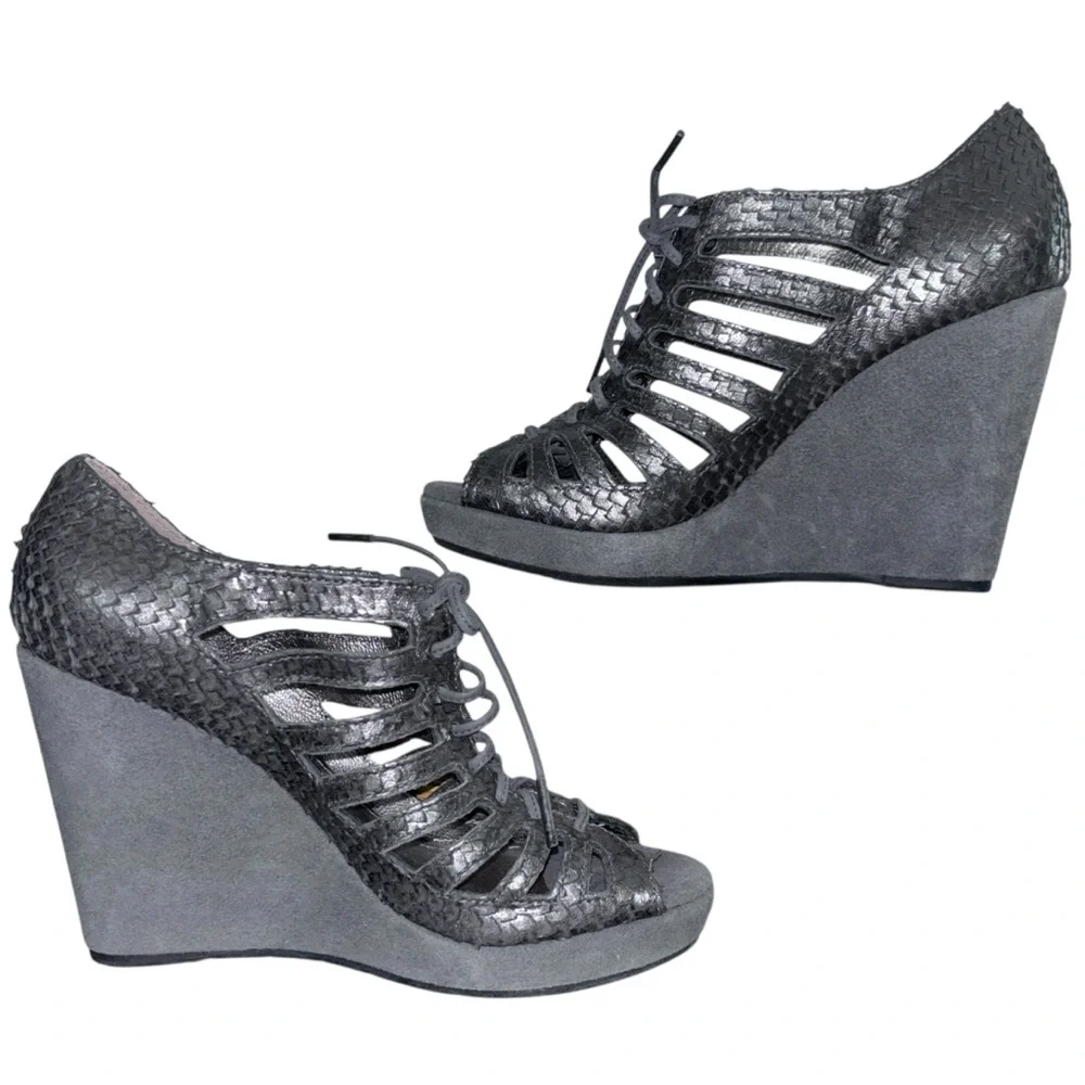 Johnston Murphy Maddie Caged Wedge Platform Sandals Pewter Leather